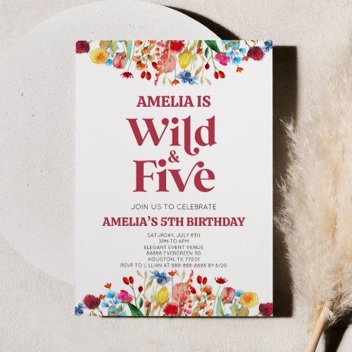 Wild and Five Wildflower Fifth 5th Birthday Party Invitation