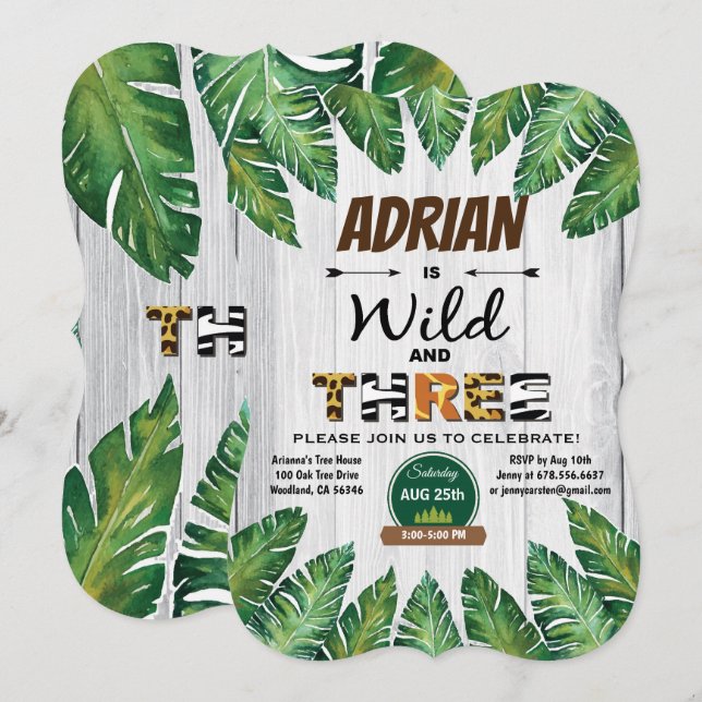 Wild and Free 3rd birthday invitation. Boy jungle Invitation (Front/Back)