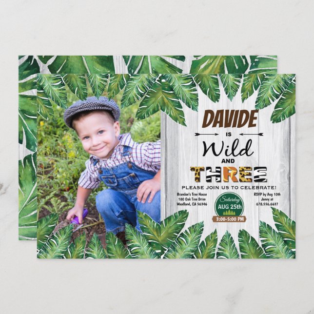 Wild and free 3rd birthday party photo invitation (Front/Back)