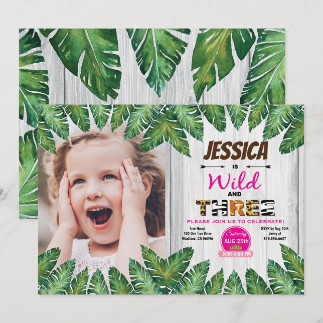 Wild and free 3rd birthday party photo invitation (Front/Back)