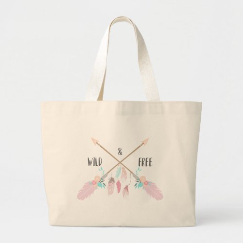 Wild And Free Boho Feathers Typography Large Tote Bag