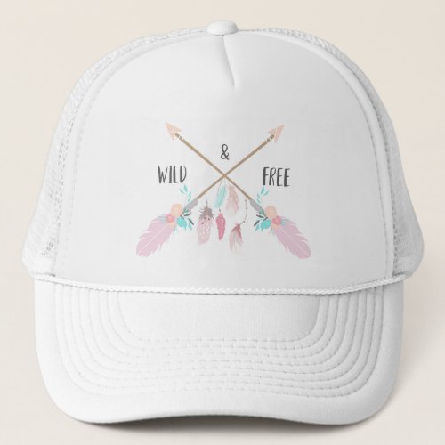 Wild And Free Boho Feathers Typography Trucker Hat