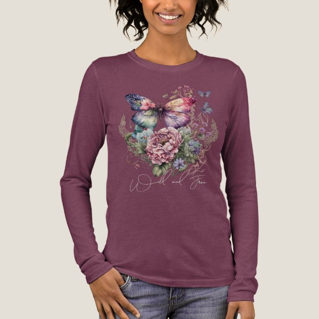 Wild And Free Butterfly Floral Wild Flowers Tri-Blend Shirt (Front)