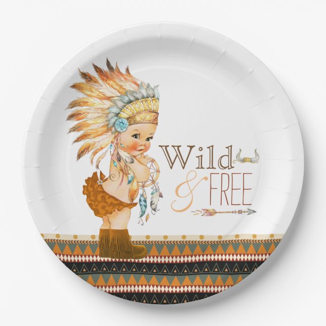 Wild and Free Girls Tribal Baby Shower Paper Plates (Front)