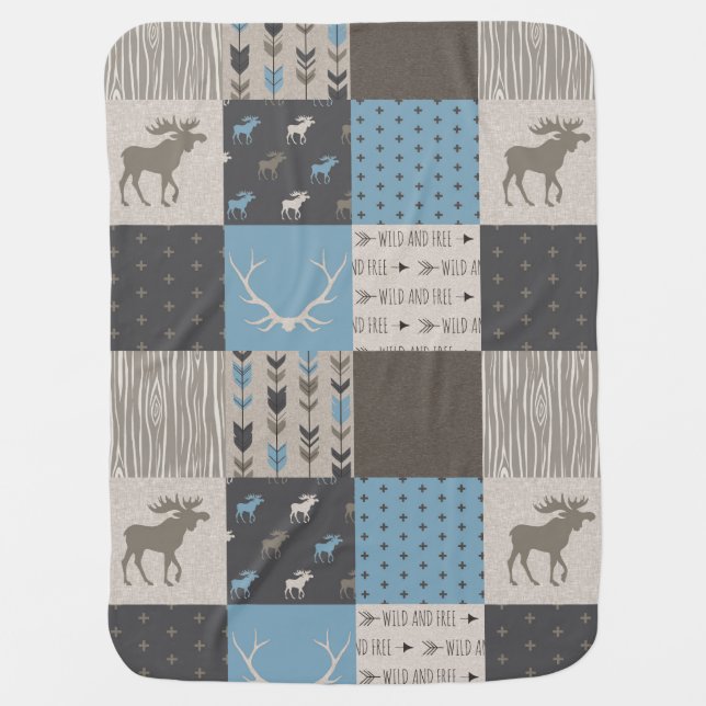 Wild and Free Moose - Blue/Beige/Brown Baby Blanket (Front)