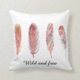 Wild and free pink and peach feathers on white throw pillow