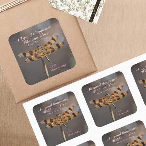 Wild and Free Quote Golden Dragonfly Square Sticker