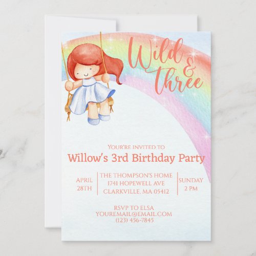 wild and free rainbow third birthday  invitation