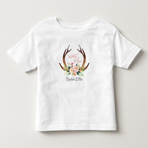 Wild and Free Watercolor Deer Antler and Flower Toddler T_shirt