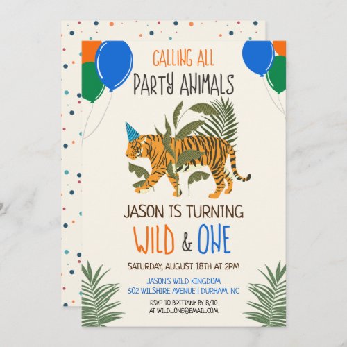 Wild and One Jungle Zoo Birthday Invitation Boy - Jungle Zoo First 1st Birthday Party Confetti Palm Leaf Leaves Tiger Balloons Invitation Boy