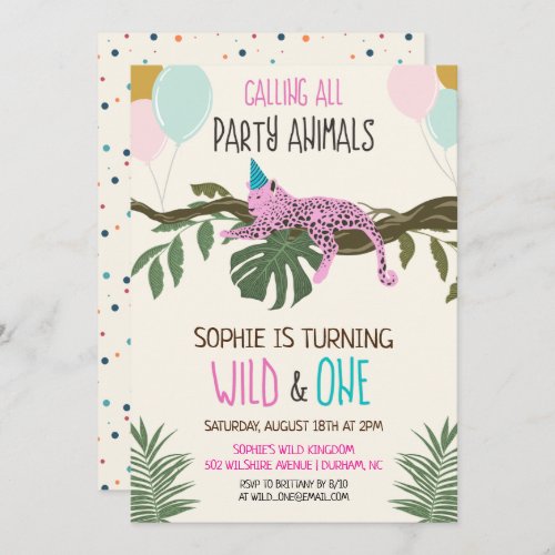 Wild and One Jungle Zoo Birthday Invitation Girl - Jungle Zoo First 1st Birthday Party Confetti Palm Leaf Leaves Leopard Balloons Invitation Girl