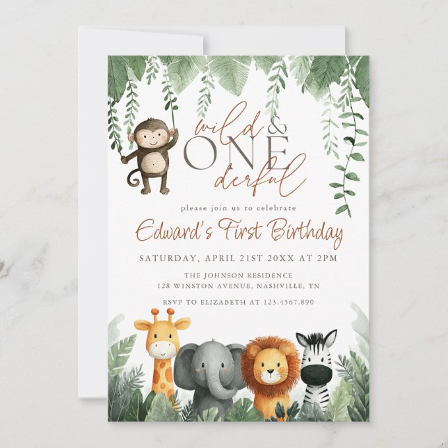 Wild And Onederful Jungle 1st Birthday Invitation (Front)