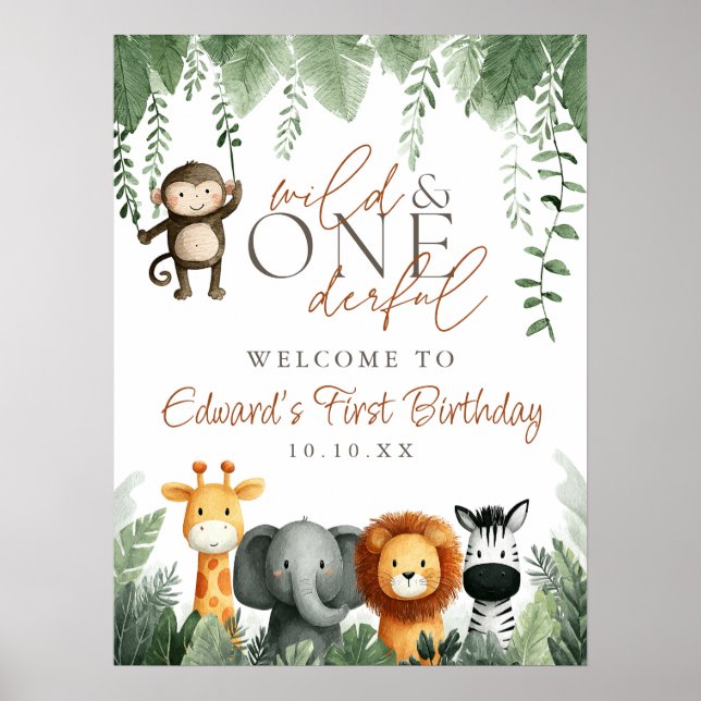 Wild And Onederful Jungle 1st Birthday Welcome Poster (Front)