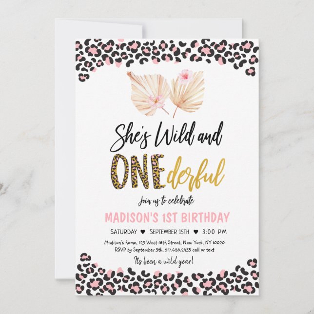 Wild and ONEderful Leopard Print Pink Birthday  Invitation (Front)