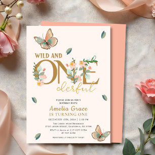 Wild and onederful peach floral 1st birthday invitation