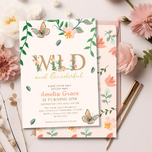 Wild and onederful peach floral girl 1st birthday invitation