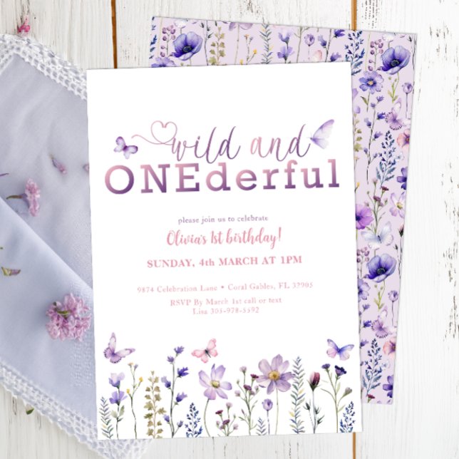 Wild and ONEderful Wildflower 1st Birthday Invite (Purple Wildflower 1st Birthday Invitation)