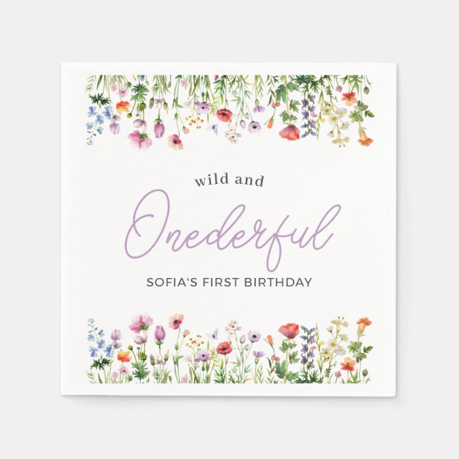 Wild and Onederful Wildflower 1st Birthday Napkins (Front)
