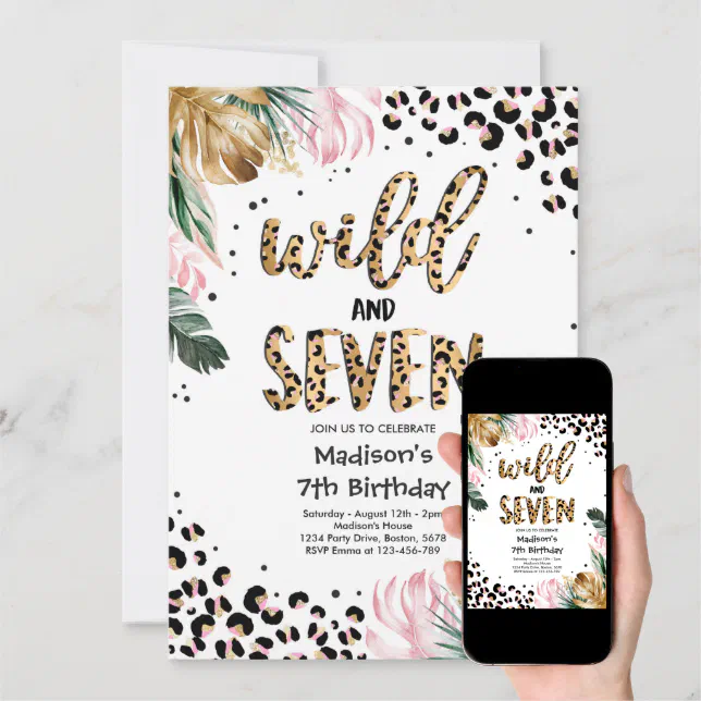 Wild And Seven Leopard Print 7th Birthday Party Invitation | Zazzle