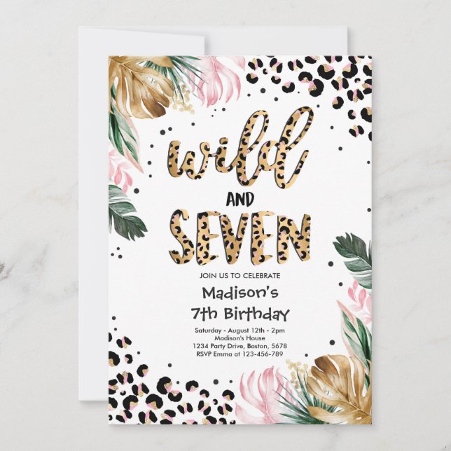 Wild And Seven Leopard Print 7th Birthday Party Invitation (Front)