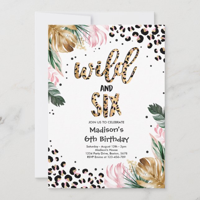 Wild And Six Leopard Print 6th Birthday Party Invitation (Front)