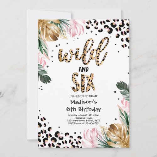 Wild And Six Leopard Print 6th Birthday Party Invitation