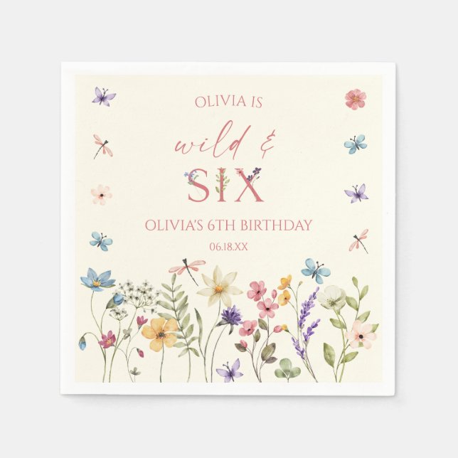 Wild and Six Wildflower 6th Birthday Party Napkins (Front)