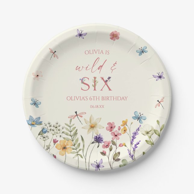 Wild and Six Wildflower 6th Birthday Party Paper Plates (Front)