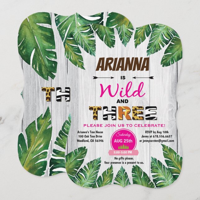 Wild and Three birthday invitation. Girl jungle Invitation (Front/Back)