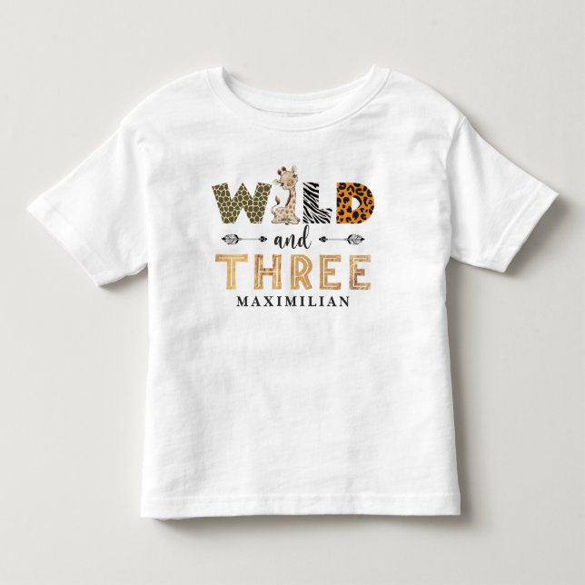 Wild and Three Birthday Safari Giraffe Baby Toddle Toddler T-shirt (Front)