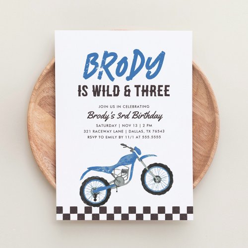 Wild and Three Blue Dirt Bike Boy 3rd Birthday Invitation