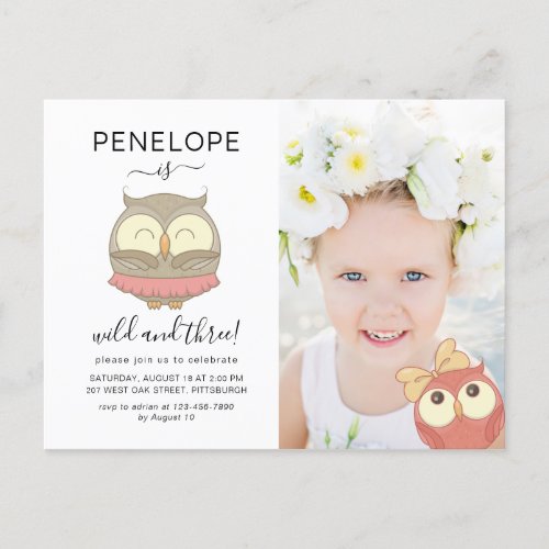 Wild and Three Cute Owls Photo Birthday Party Invitation Postcard