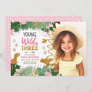 Wild and Three DinoGirl Pink Dinosaur 3rd Birthday Invitation