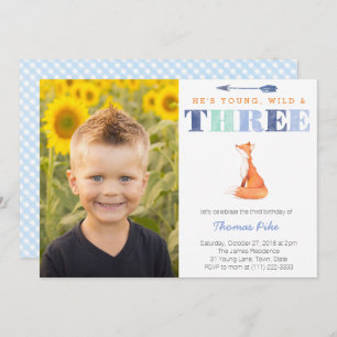Wild and Three, Fox 3rd birthday party for Boy Invitation