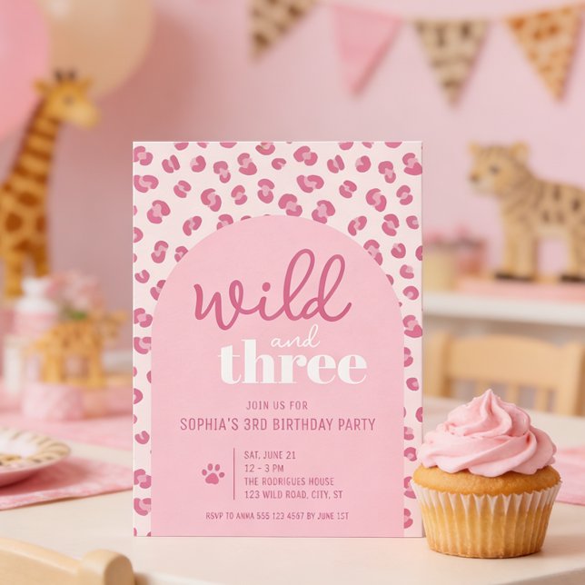 Wild and three girl 3rd birthday party Invitation (Front of the invitation shown in 5x7-inch. Choose size, paper, and corner style.
)