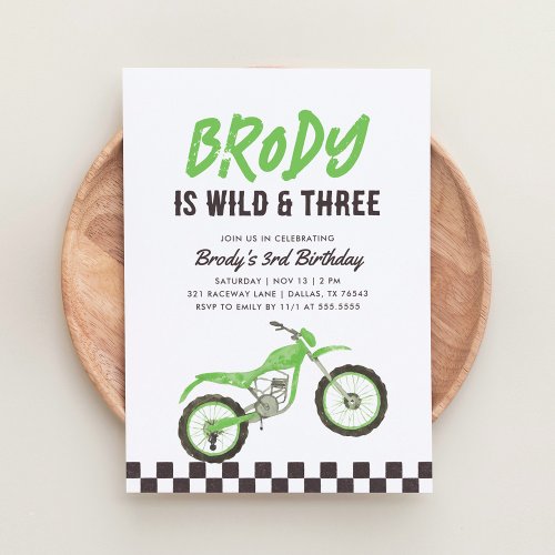 Wild and Three Green Dirt Bike Boy 3rd Birthday Invitation
