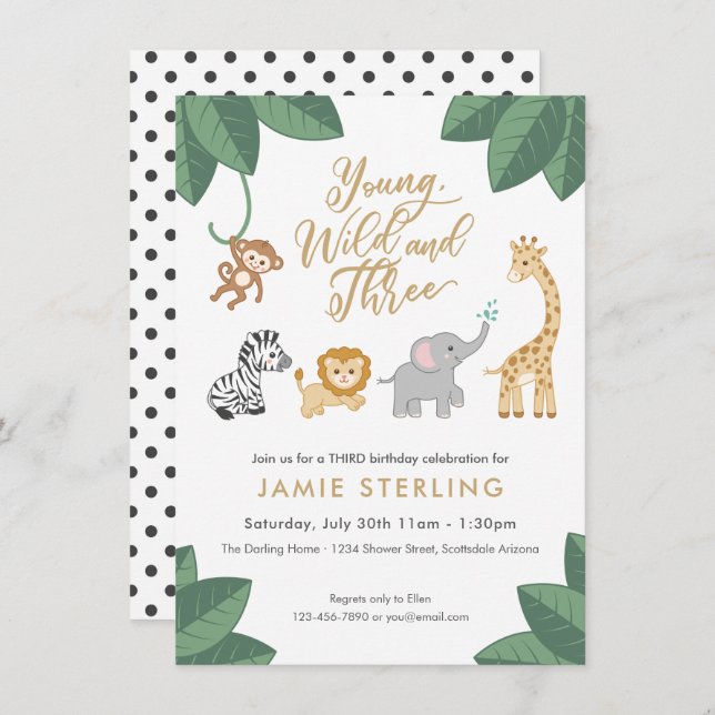 Wild and Three Jungle Safari 3rd Birthday Invitation (Front/Back)