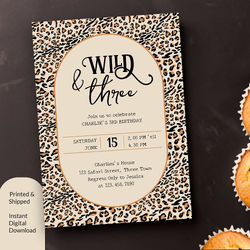Wild and Three Leopard Print Neutral 3rd Birthday Invitation