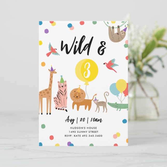 Wild and Three Party Animal Birthday Invitation (Standing Front)