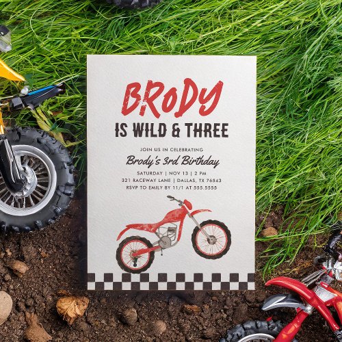 Wild and Three Red Dirt Bike Boy 3rd Birthday Invitation