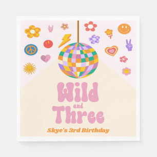Wild and Three Retro Disco Ball 3rd Birthday Party Napkins