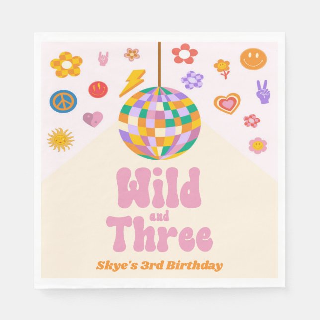 Wild and Three Retro Disco Ball 3rd Birthday Party Napkins (Front)