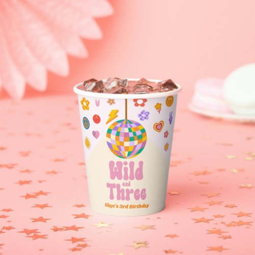 Wild and Three Retro Disco Ball 3rd Birthday Party Paper Cups