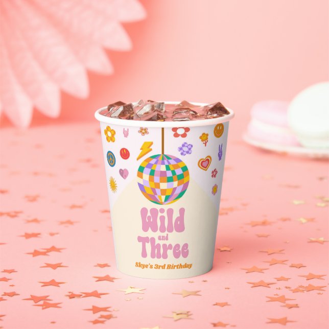 Wild and Three Retro Disco Ball 3rd Birthday Party Paper Cups (Insitu)