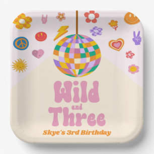Wild and Three Retro Disco Ball 3rd Birthday Party Paper Plates