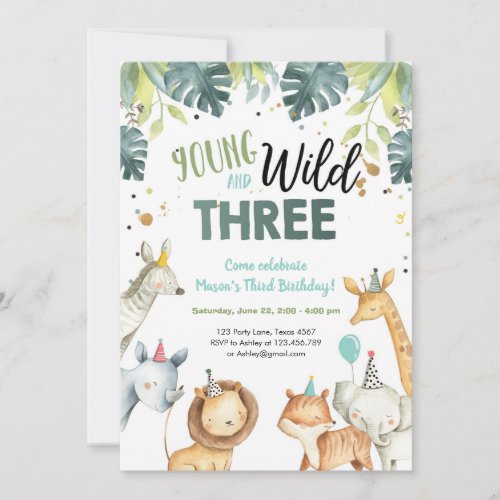 Wild and Three Safari Animals Birthday Invitation