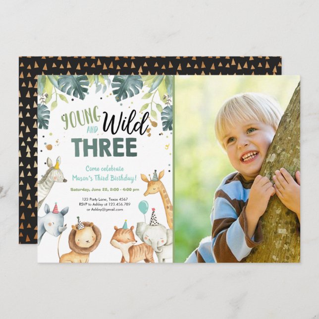 Wild and Three Safari Animals Birthday Invitation (Front/Back)