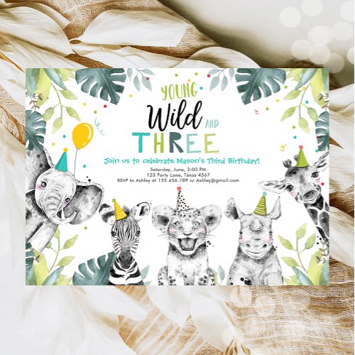 Wild and Three Safari Animals Birthday Invitation