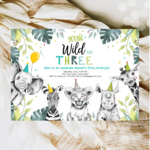 Wild and Three Safari Animals Birthday Invitation