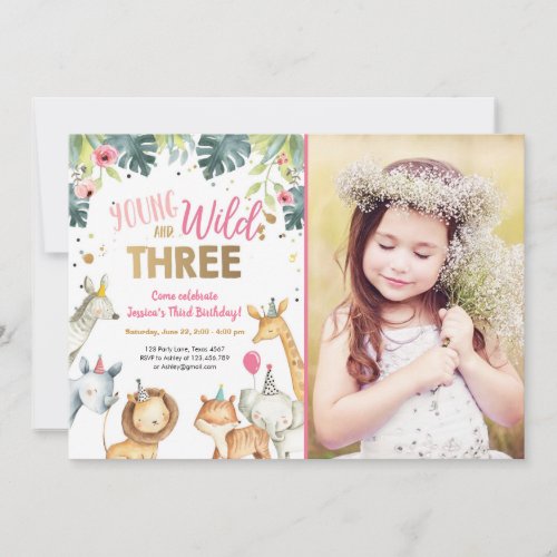 Wild and Three Safari Animals Birthday Invitation